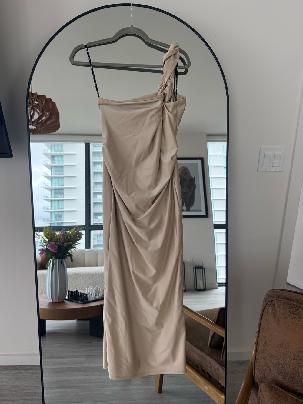 SER.O.YA One-Shoulder Knotted Strap Draped Dress in Beige